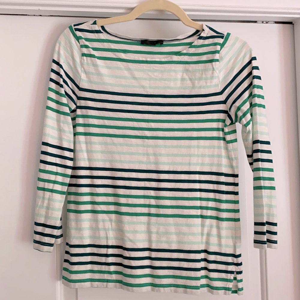 J Crew Green Striped Boat Neck Top